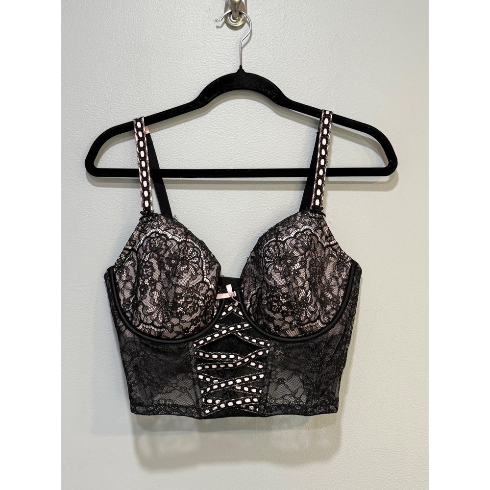 New Victoria's Secret Black Lace Corset Longline Bra Bustier Pink Trim Size M DD